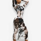 Printed Fitted Mesh Long Dress