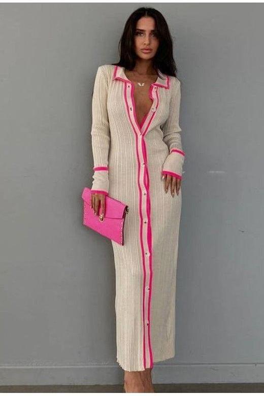 Fitted Lapel-Collar Long Dress