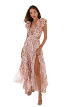 Floral Plunging-V Midi Dress with Ruffle Details