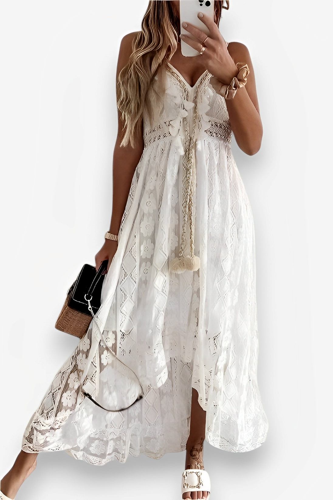White Lace Strappy Midi Dress