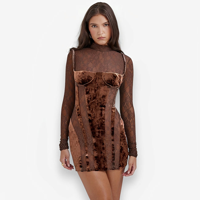 High-Neck Fitted Long-Sleeve Dress with Lace Details Main image