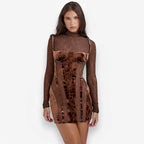 High-Neck Fitted Long-Sleeve Dress with Lace Details