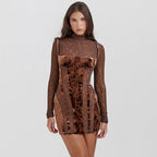 High-Neck Fitted Long-Sleeve Dress with Lace Details