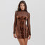 High-Neck Fitted Long-Sleeve Dress with Lace Details