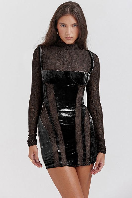 High-Neck Fitted Long-Sleeve Dress with Lace Details