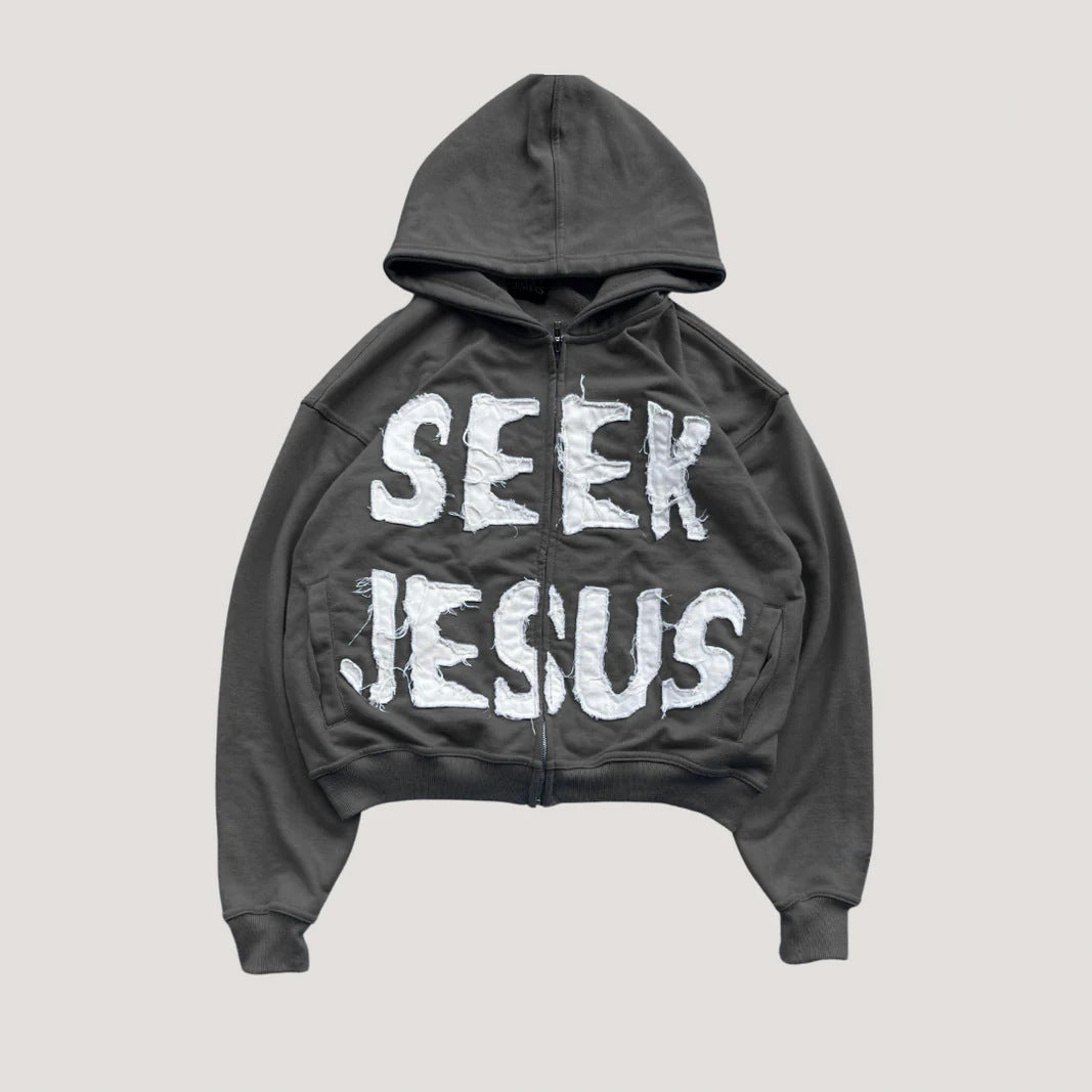 Lettered Hooded Hoodie with a Front Zip