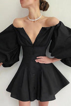 Puff-Sleeve Dress with a One-Shoulder Cut