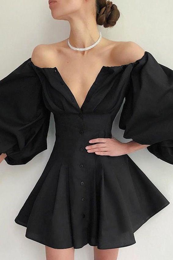 Puff-Sleeve Dress with a One-Shoulder Cut