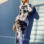 Printed Fitted Mesh Long Dress