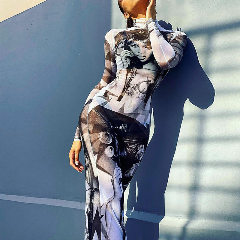 Printed Fitted Mesh Long Dress