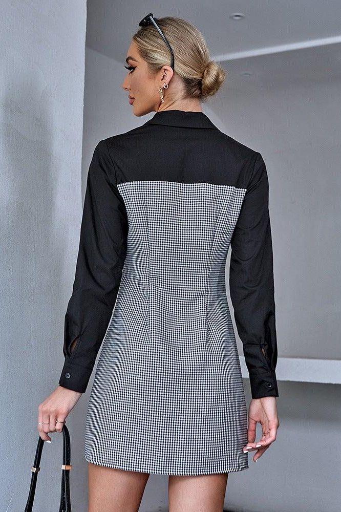 Checked Pocket-Detail Shirt Dress with Drawstring Detail