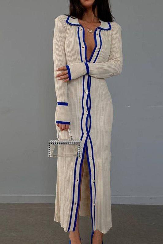 Fitted Lapel-Collar Long Dress