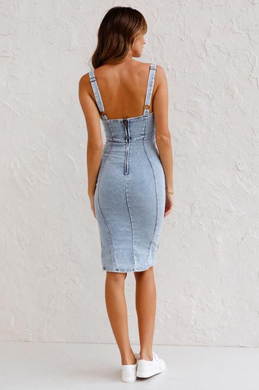 Denim Distressed Short-Sleeve Dress with a Scoop Neck