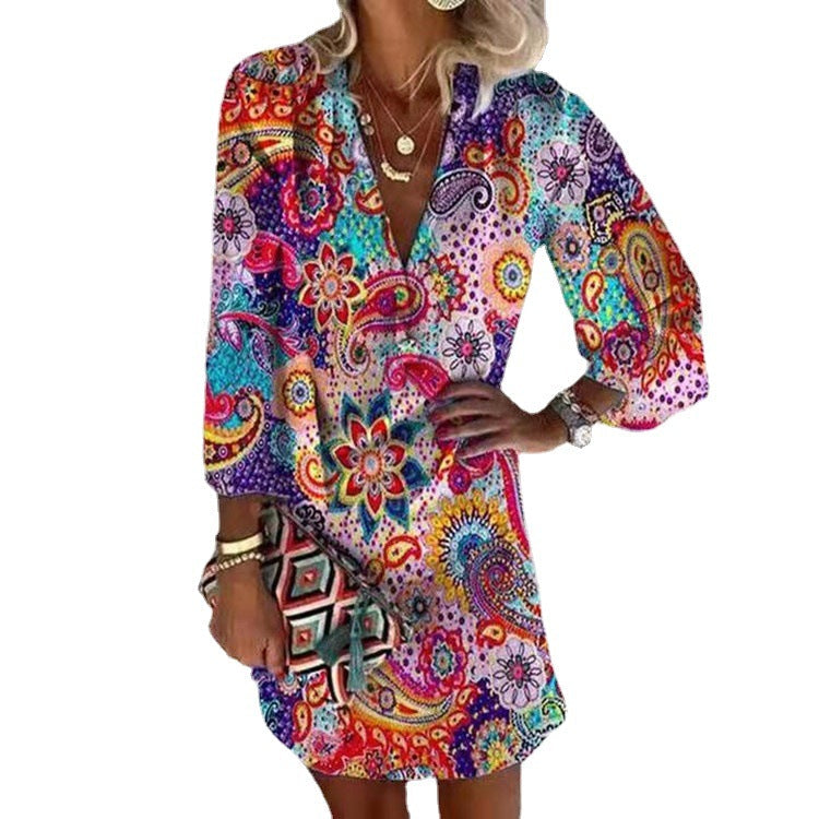Plunging-V Mini Dress with Button Details