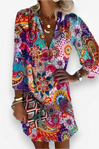 Plunging-V Mini Dress with Button Details