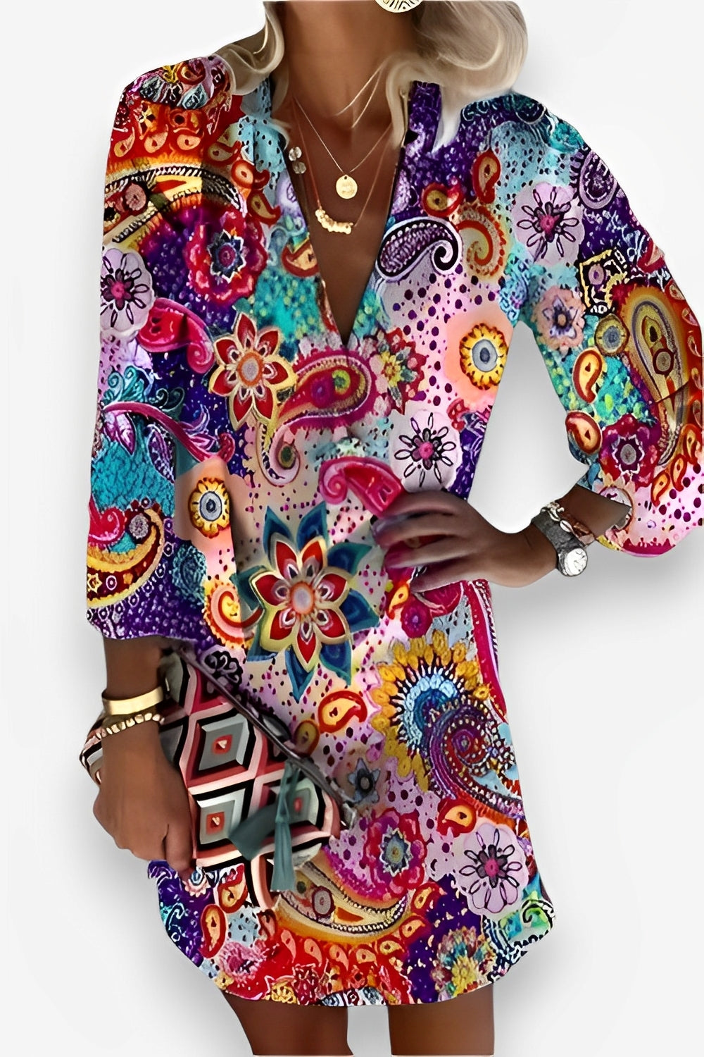 Plunging-V Mini Dress with Button Details