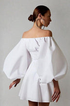 Puff-Sleeve Dress with a One-Shoulder Cut