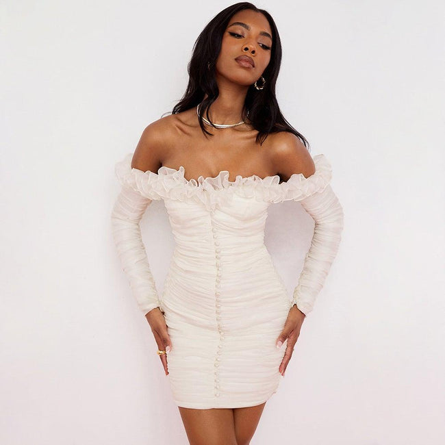Chiffon Strapless Long-Sleeve Dress with a One-Shoulder Cut Main image