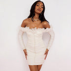 Chiffon Strapless Long-Sleeve Dress with a One-Shoulder Cut
