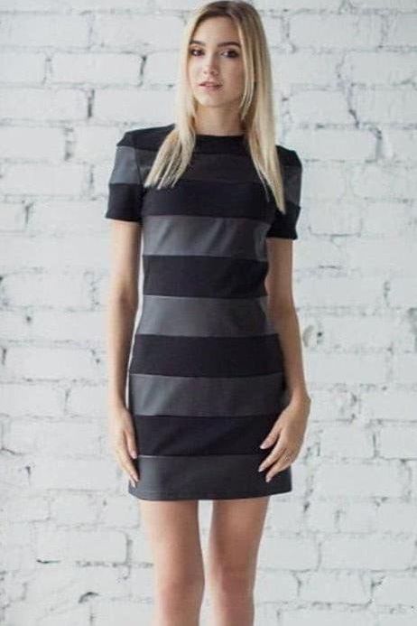 Striped Faux-Leather Fitted Dress