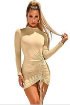 Apricot Fitted Long-Sleeve Dress with a Round Neck