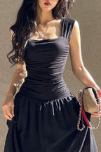 Pleated Square-Neck Maxi Dress