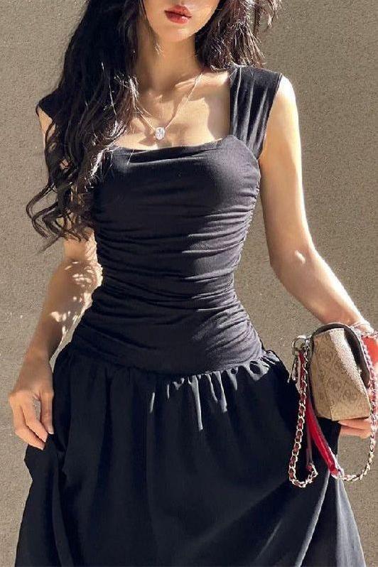 Pleated Square-Neck Maxi Dress