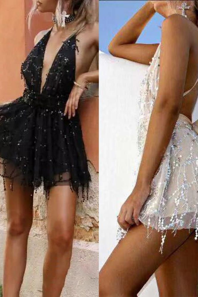 Sequined V-Neck Strappy Dress