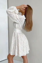 White Jacquard Balloon-Sleeve Dress