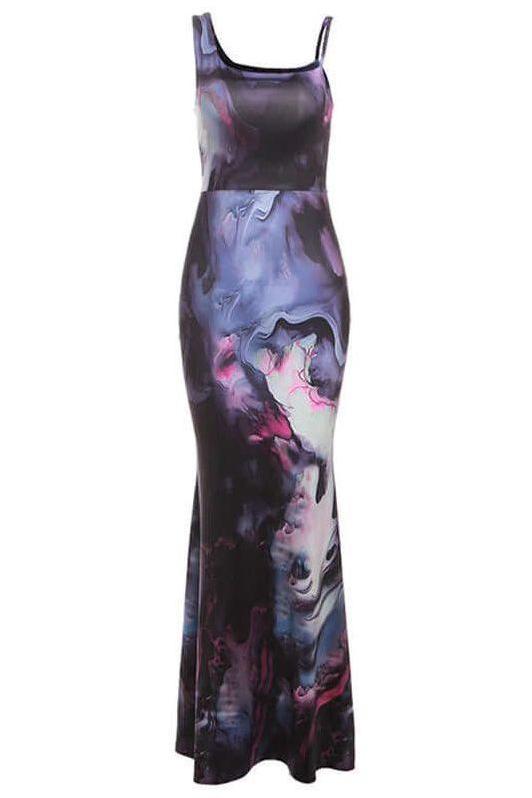 Abstract-Print Maxi Dress with a One-Shoulder Cut