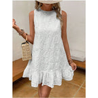 White Embroidered Dress with a Round Neck