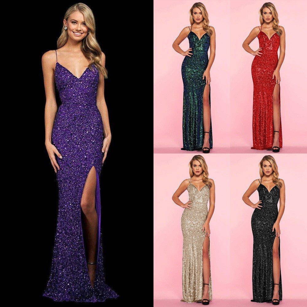 Sequined Spaghetti-Strap Dress with a Plunging V-Neck