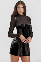 High-Neck Fitted Long-Sleeve Dress with Lace Details