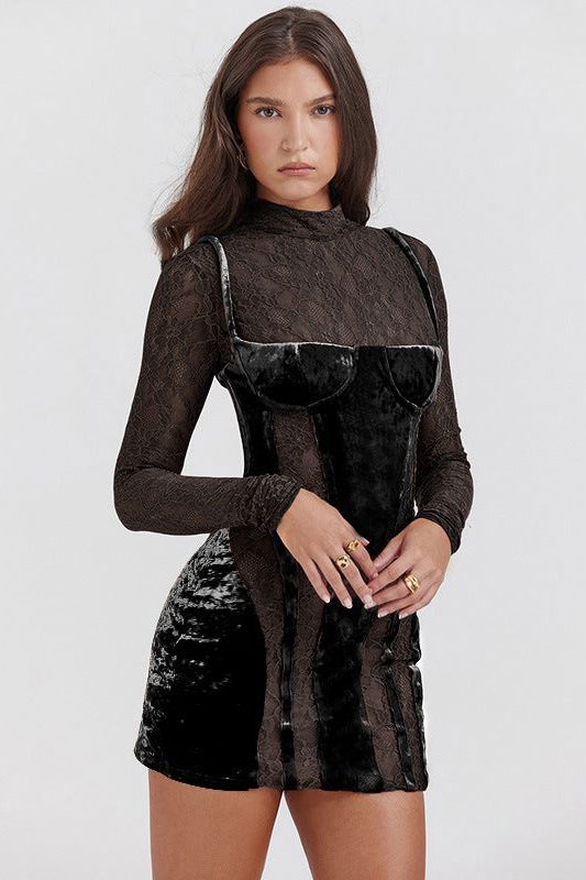 High-Neck Fitted Long-Sleeve Dress with Lace Details