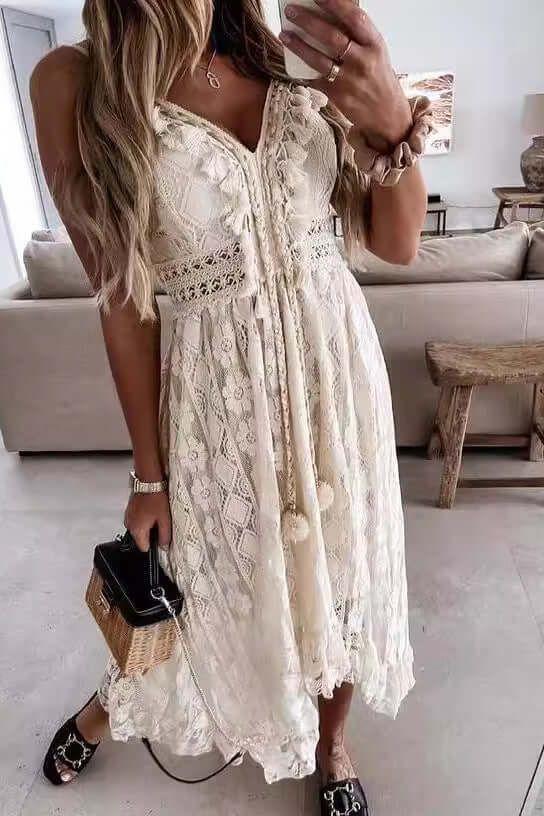 White Lace Strappy Midi Dress