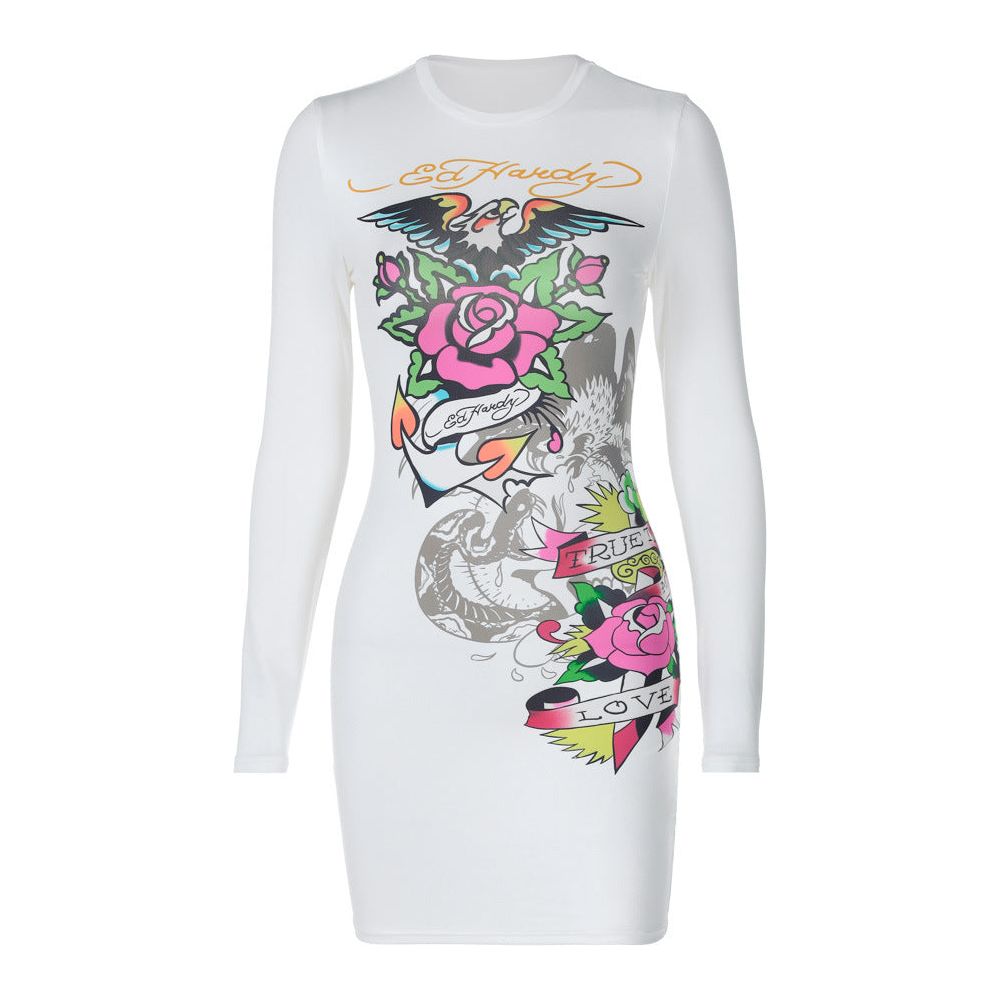 White Printed Fitted Dress