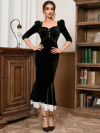 Velvet Evening Dress with Ruffle Details