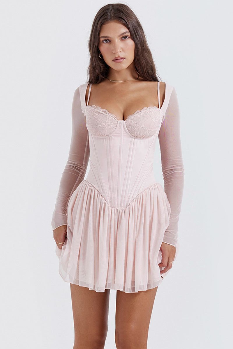 Corset-Style Mesh Dress with Lace Details