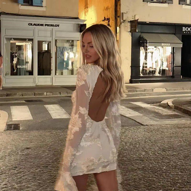 Floral Embroidered Bell-Sleeve Mini Dress