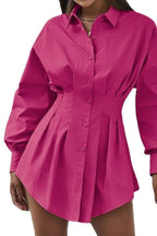 Red Pleated Shirt Dress with Drawstring Detail