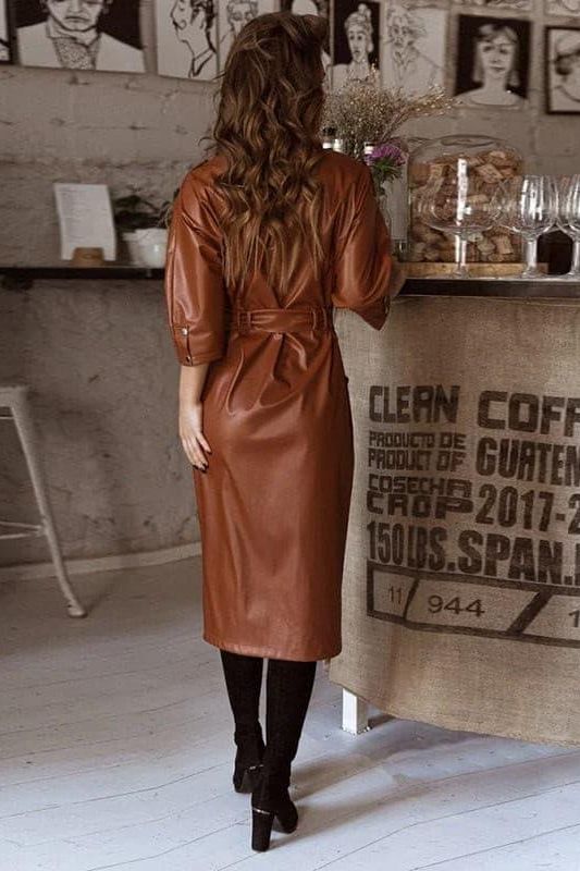 Faux-Leather Button-Detail Long Dress