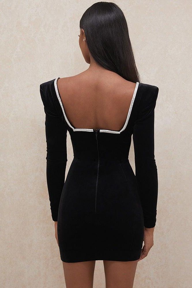 Black Plunging-V Velvet Dress with an Open Back