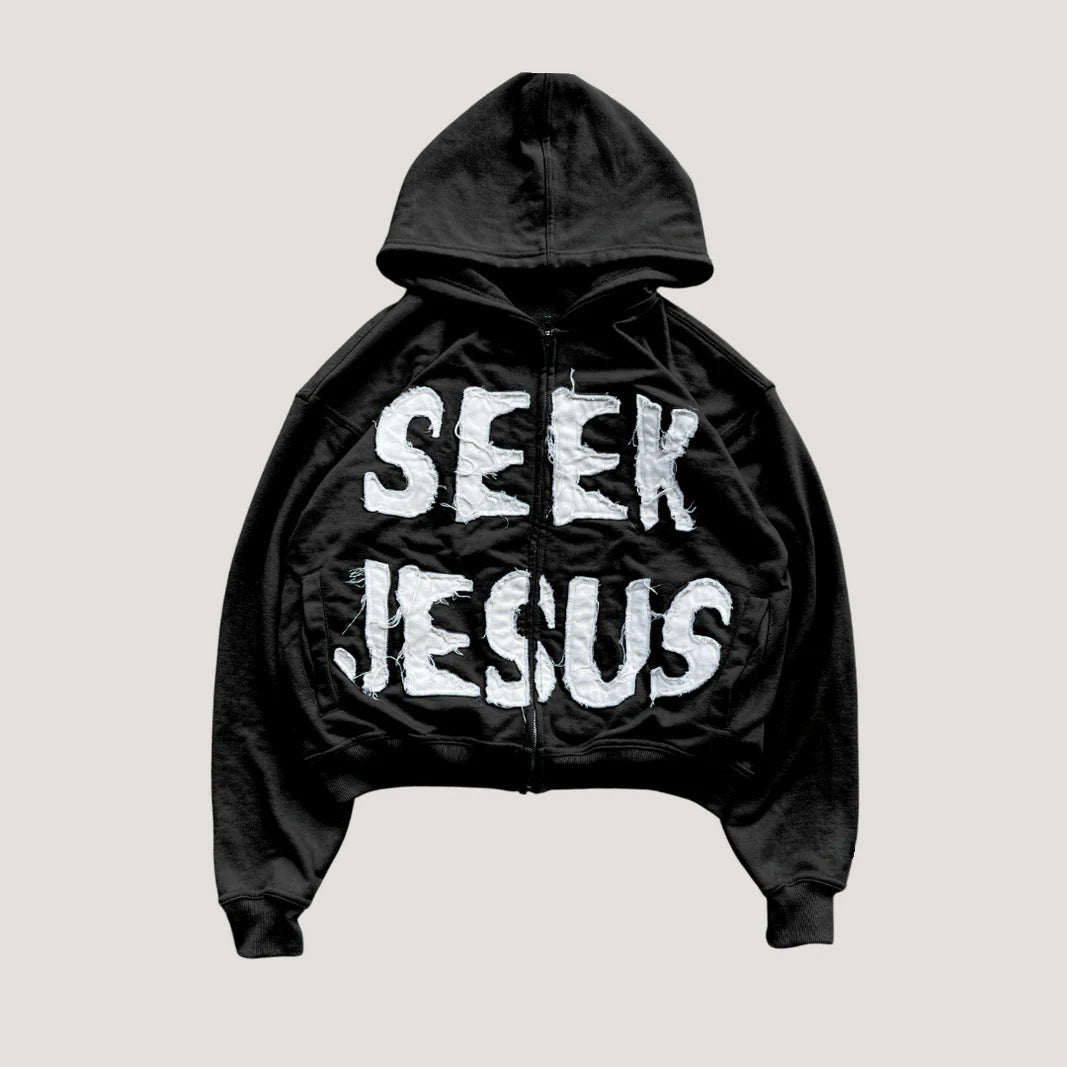 Lettered Hooded Hoodie with a Front Zip