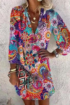 Plunging-V Mini Dress with Button Details