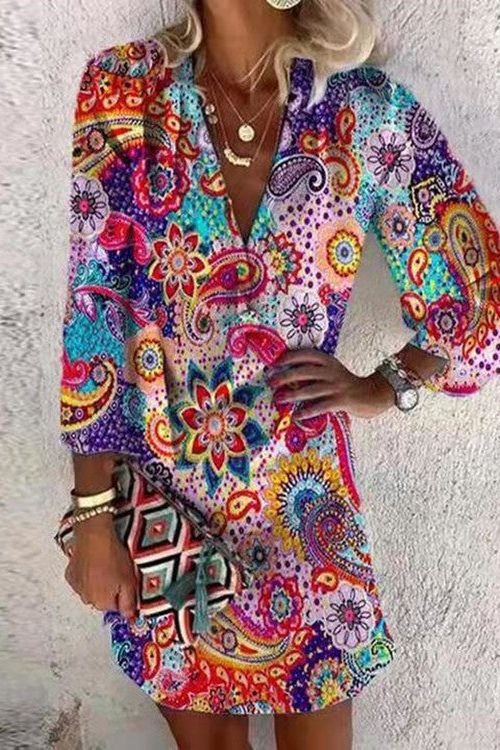 Plunging-V Mini Dress with Button Details