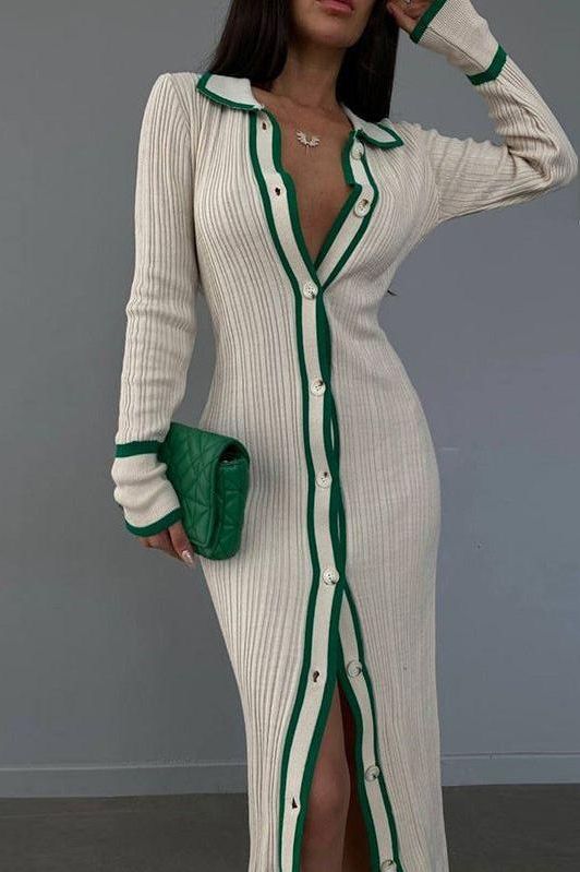 Fitted Lapel-Collar Long Dress