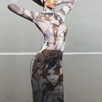 Printed Fitted Mesh Long Dress