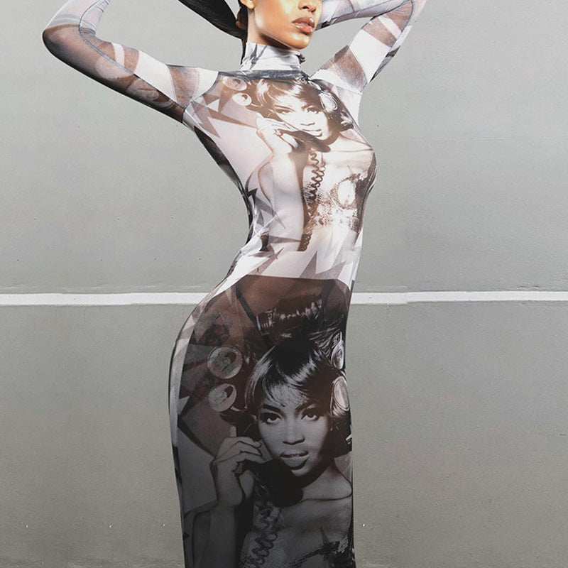 Printed Fitted Mesh Long Dress