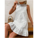 White Embroidered Dress with a Round Neck