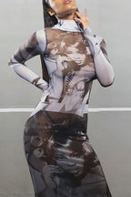 Printed Fitted Mesh Long Dress